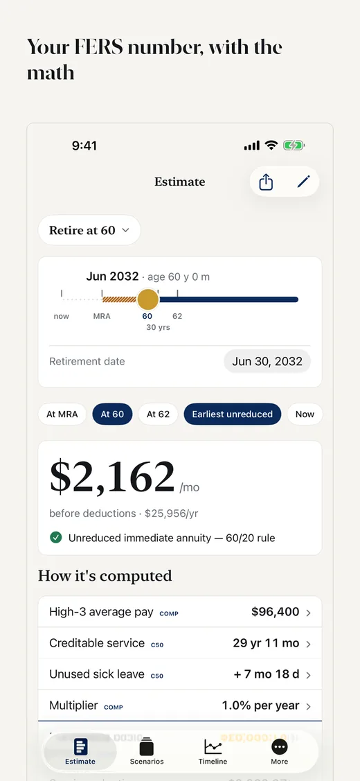 High Three Estimate screen showing a monthly annuity, a retirement date ruler and the first lines of the computation